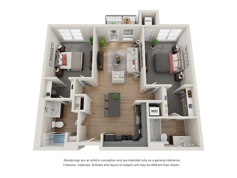 Floor plan for 2 beds, 2 baths, 1030 sqft